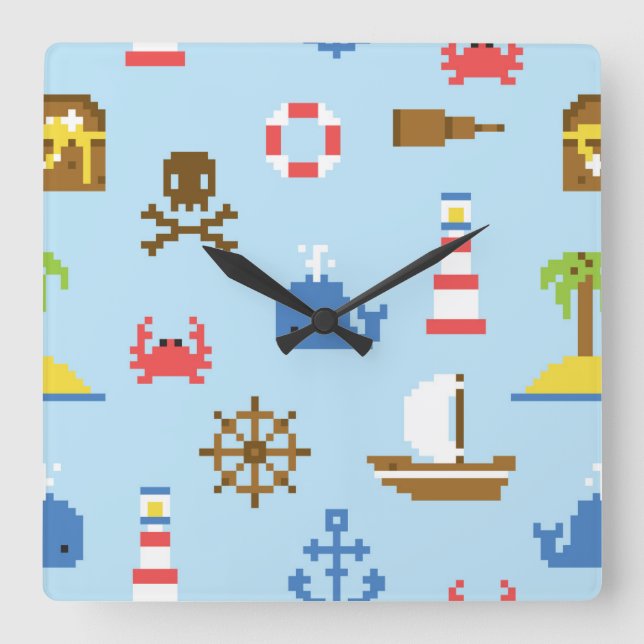 Horloge Carrée Motif d'art de mer de pixel (Recto)