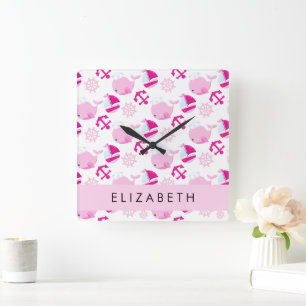 Horloge Carrée Motif De Baleines, Baleines Roses, Votre Nom