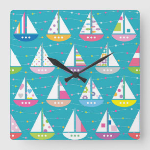 Horloge Carrée Motif de bateau à voile Pastel