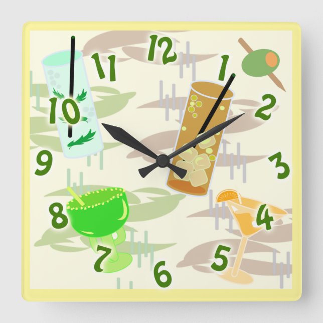 Horloge Carrée Motif de boisson amusant pour l'heure du cocktail  (Recto)