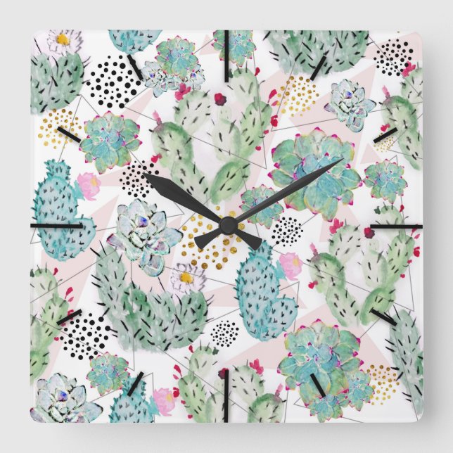 Horloge Carrée motif de cactus et triangles aquarelle (Recto)