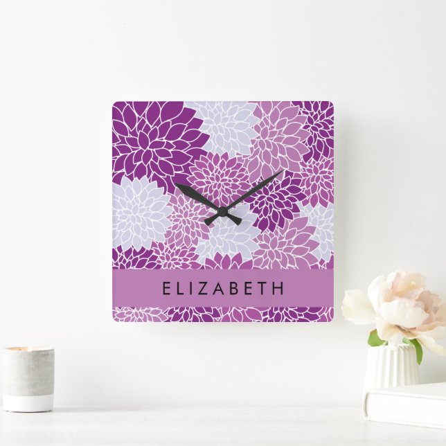 Horloge Carrée Motif De Fleurs, Dahlia Violet, Votre Nom (Maison)
