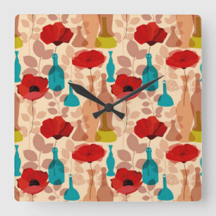 Horloge Carrée Motif de fleurs, de vases et de bouteilles
