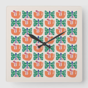 Horloge Carrée Motif de fleurs papillon