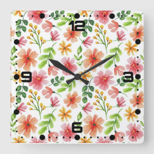 Horloge Carrée Motif de fleurs roses à l'aquarelle