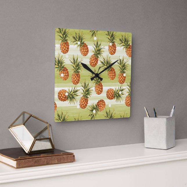 Horloge Carrée Motif de fruits vert orange tropicale à l'ananas (Bureau)