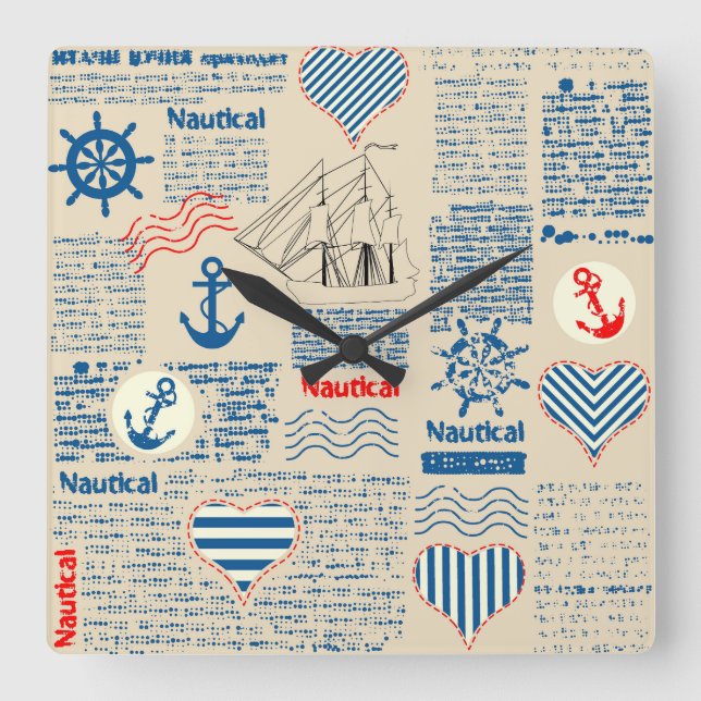 Horloge Carrée Motif de journal nautique (Recto)