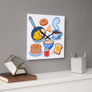 Horloge Carrée Motif de petit déjeuner mignon – Nourriture Kawaii