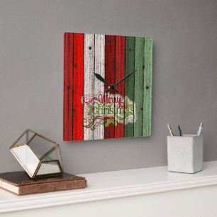 Horloge Carrée Motif de planches de bois patiné vert rouge foncé