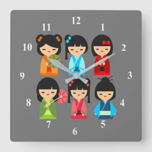 Horloge Carrée Motif de poupée Kokeshi japonaise mignonne