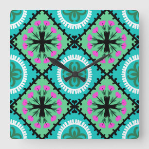 Horloge Carrée Motif de Suzani avec des motifs d'Ouzbékistan et