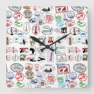 Horloge Carrée Motif de timbres de voyage
