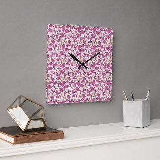 Horloge Carrée Motif de vigne botanique rose | Feuille florale él