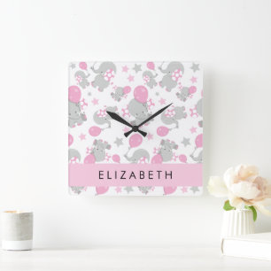 Horloge Carrée Motif D'Eléphants, Eléphants Mignons, Votre Nom