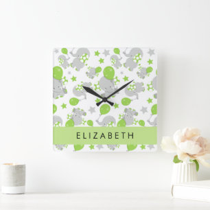 Horloge Carrée Motif D'Eléphants, Eléphants Mignons, Votre Nom