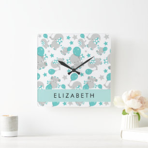 Horloge Carrée Motif D'Eléphants, Eléphants Mignons, Votre Nom