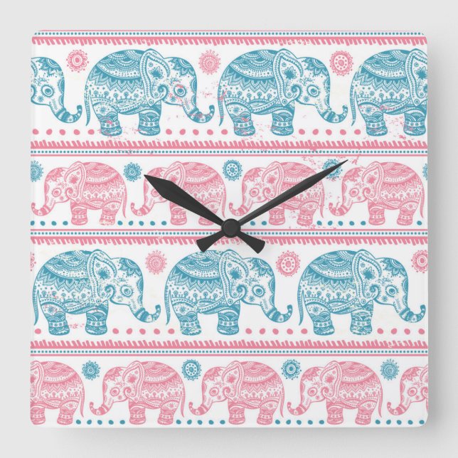 Horloge Carrée Motif d'éléphants ethniques rose et Turquoise (Recto)