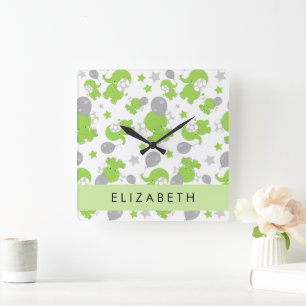Horloge Carrée Motif Des Eléphants Verts, Étoiles, Votre Nom