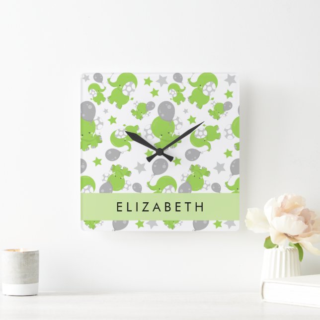 Horloge Carrée Motif Des Eléphants Verts, Étoiles, Votre Nom (Maison)
