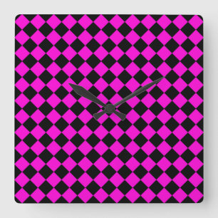 Horloge Carrée Motif diamant à carreaux rose noir