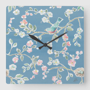 Horloge Carrée Motif du printemps - Oiseaux et fleurs