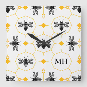 Horloge Carrée Motif élégant d'abeille Monogramme noir Jaune Mode