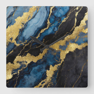 Horloge Carrée Motif en marbre bleu avec or