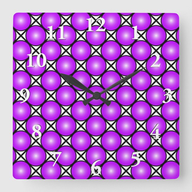 Horloge Carrée Motif en treillis noir blanc Magenta points roses (Recto)