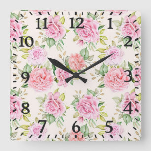 Horloge Carrée Motif floral de rose romantique élégant
