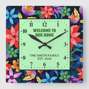 Horloge Carrée Motif floral exotique Texte personnalisé-68578
