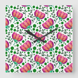 Horloge Carrée Motif floral orange rose vibrant