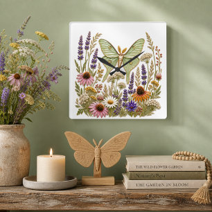 Horloge Carrée Motif floral papillon lune botanique fleur sauvage