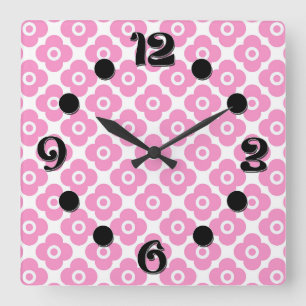 Horloge Carrée Motif floral simple rose et blanc