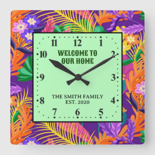 Horloge Carrée Motif floral tropical Texte personnalisé-23148