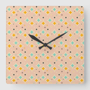 Horloge Carrée Motif géométrique rétro avec sarcelle, orange, noi