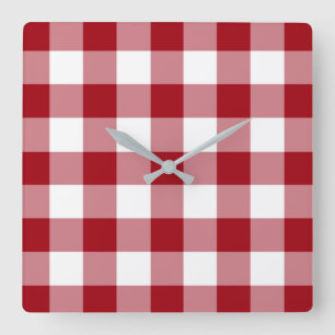Horloge Carrée Motif Gingham à carreaux rouge canneberge et blanc