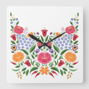 Horloge Carrée Motif hongrois de gens - fleur de broderie de