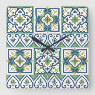 Horloge Carrée Motif italien de tuile - en céramique sicilien