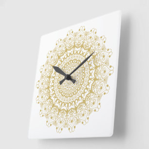 Horloge Carrée Motif mandala orné d'or sur blanc