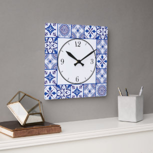 Horloge Carrée Motif marocain en bleu, blanc & noir