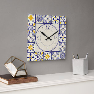 Horloge Carrée Motif marocain en Bleu, Jaune, Crème