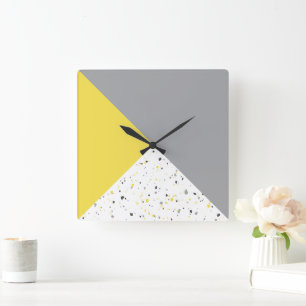 Horloge Carrée Motif moderne géométrique gris-jaune Terrazzo