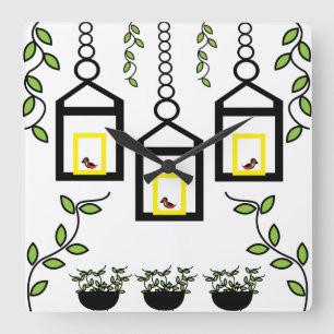 Horloge Carrée Motif naturel des oiseaux Plante verts