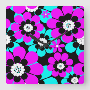 Horloge Carrée Motif néon floral Fleurs violettes et turquoise 