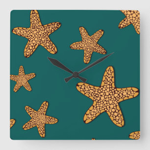 Horloge Carrée Motif orange d'étoiles de mer