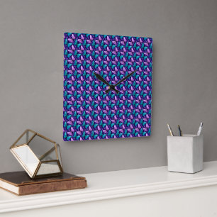 Horloge Carrée Motif papillon violet et sarcelle Floral sans co