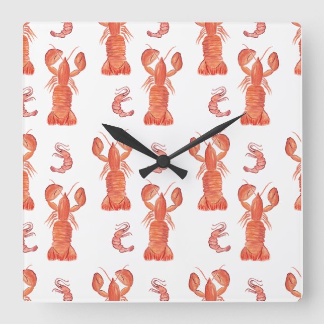 Horloge Carrée Motif peint à l'aquarelle de crustacé homard   (Recto)