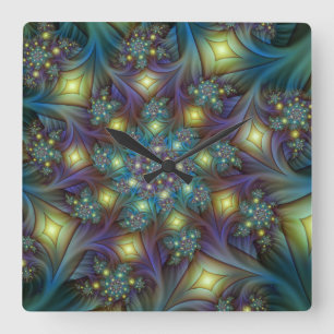 Horloge Carrée Motif pourpre bleu moderne lumineux de fractale