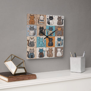 Horloge Carrée Motif Quilt Patchwork Chats