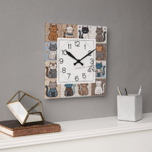 Horloge Carrée Motif Quilt Patchwork Chats